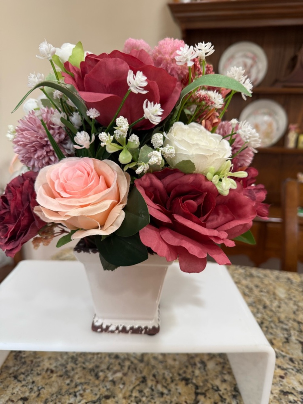 Artificial Rose Floral Arrangement in Pink, Burgundy & White - 13 1/2 x 12”
